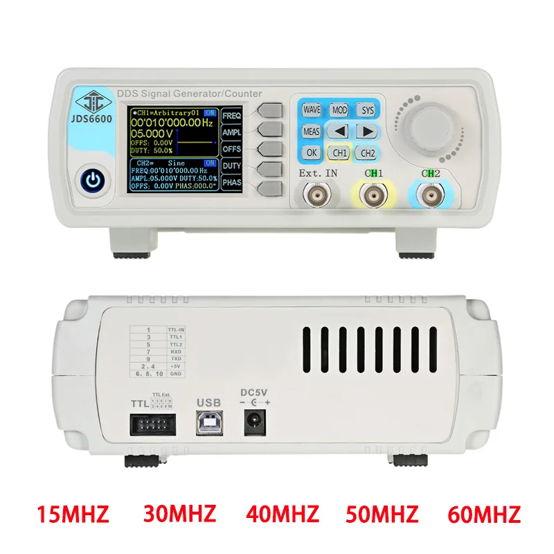 JDS6600 60MHz Digital Control Dual Channel Function Arbitrary Waveform Signal Generator Pulse Source Frequency Meter
JDS6600 60MHz Digital Control Dual Channel Function Arbitrary Waveform Signal Generator Pulse Source Frequency Meter