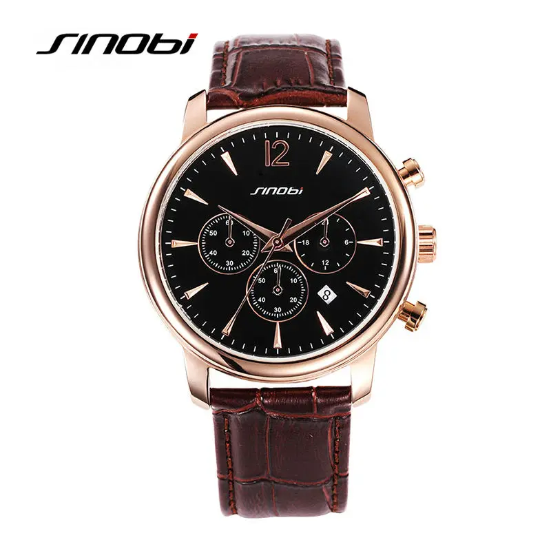 SINOBI модные мужские часы Топ бренд календарь хронограф кожаный ремешок наручные