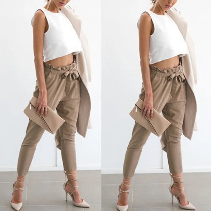 Women Causal Solid Ruffles Pleated Pants Spring Summer Elastic Waist Mid Ankle-length Sashes Pockets Bow Pant 2C0169
Women Causal Solid Ruffles Pleated Pants Spring Summer Elastic Waist Mid Ankle-length Sashes Pockets Bow Pant 2C0169