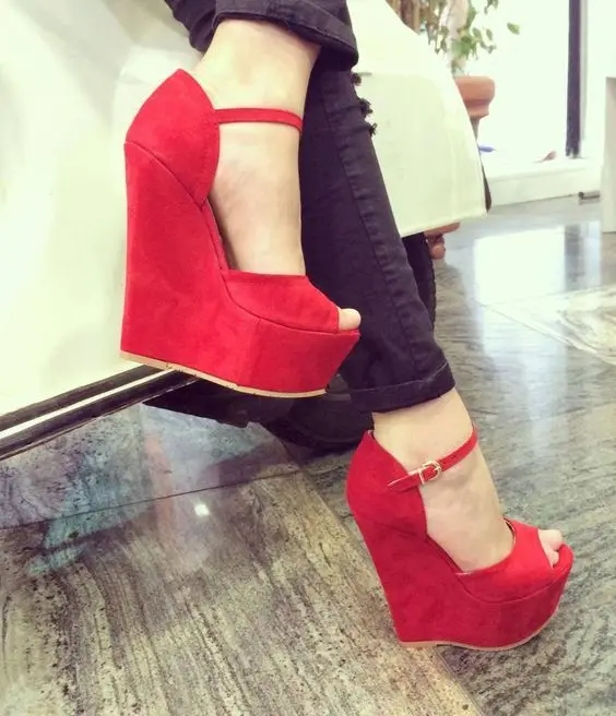 

Moraima Snc Red Suede Platform Wedge Shoes Woman Peep Toe Ankle Strap Sandals Sexy Cutouts Gladiator Heels Super High Sandal