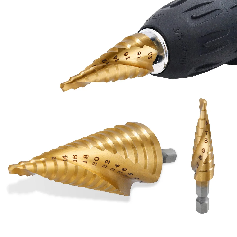HSS Titanium Coated Spiral Step 4-12/4-20/4-32mm 1/4-Inch hex Shank Drive Quick Change Woodworking Punching Tools Drill Bits Set
HSS Titanium Coated Spiral Step 4-12/4-20/4-32mm 1/4-Inch hex Shank Drive Quick Change Woodworking Punching Tools Drill Bits Set