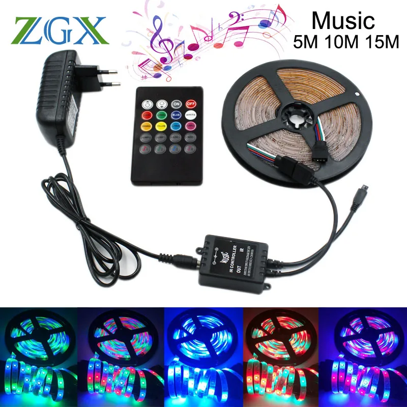 

SMD 2835 RGB Music LED Strip Light Tira 5M 10M 15M Decor Flexible Tape Waterproof Diode Ribbon Remote Controller DC 12V Adapter