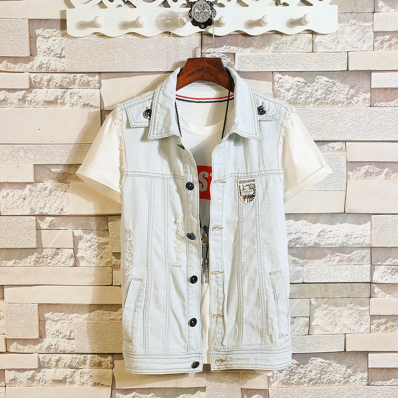 Men Denim Jackets Vest Light Blue Holes Jean Coats New Summer Sleeveless Vest High Quality Men Cotton Vest Denim Coats Size 4XL
Men Denim Jackets Vest Light Blue Holes Jean Coats New Summer Sleeveless Vest High Quality Men Cotton Vest Denim Coats Size 4XL