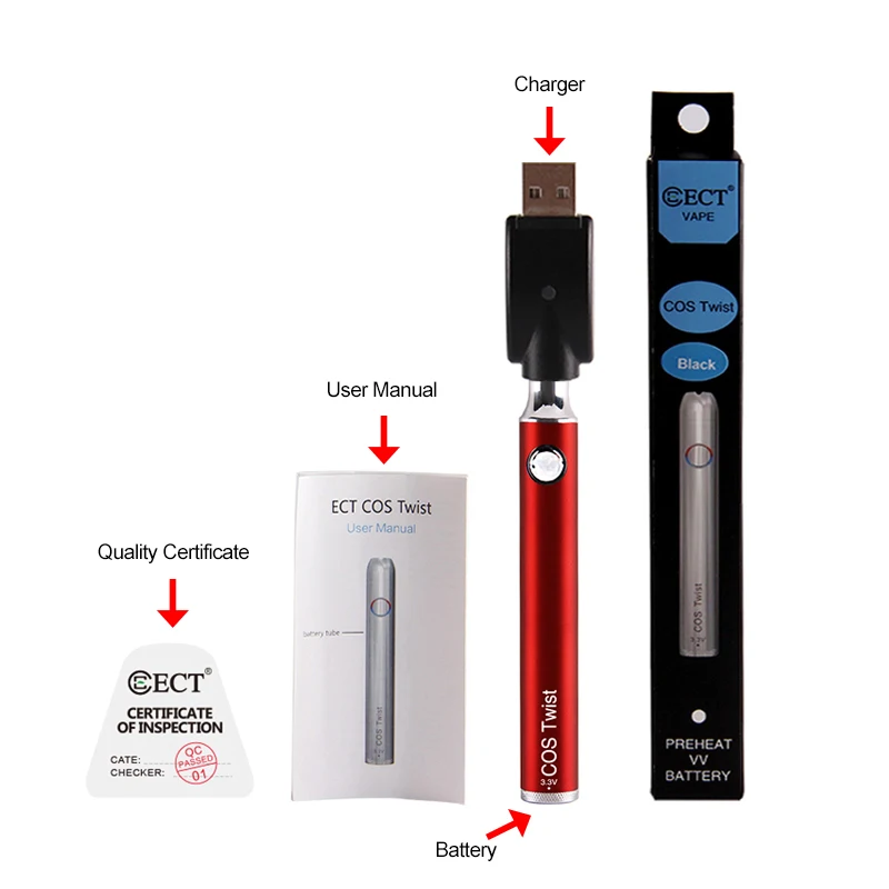 NEW ECT COS+ Twist Battery 650MAH Preheat Vape Pen 3.3V-4.2V Variable Voltage BATTERY Fit on 510 Thread E Cigarette battery
NEW ECT COS+ Twist Battery 650MAH Preheat Vape Pen 3.3V-4.2V Variable Voltage BATTERY Fit on 510 Thread E Cigarette battery