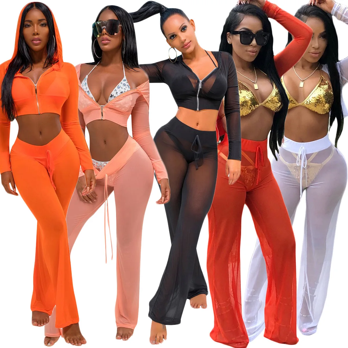 Sexy Perspective Mesh 2 Piece Set Women Pants Set Fashion Hooded Zipper Short Jacket Tops + Long Pants Beach Nightclub Wear Set
Sexy Perspective Mesh 2 Piece Set Women Pants Set Fashion Hooded Zipper Short Jacket Tops + Long Pants Beach Nightclub Wear Set