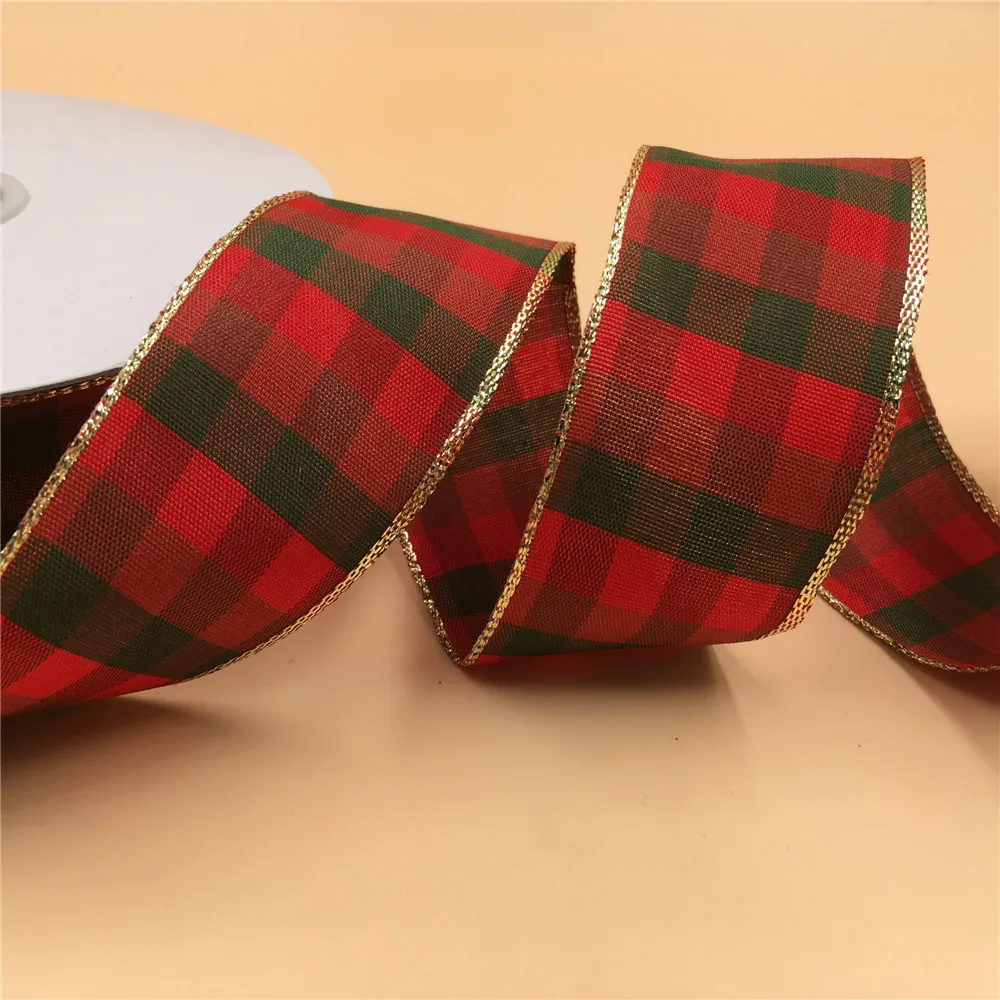 

38mm X 25yards Wired Gold Lurex Edge Scottish Plaid Buffalo Ribbon for DIY Home Decoration Gift Wrapping Christmas Ribbon N1010