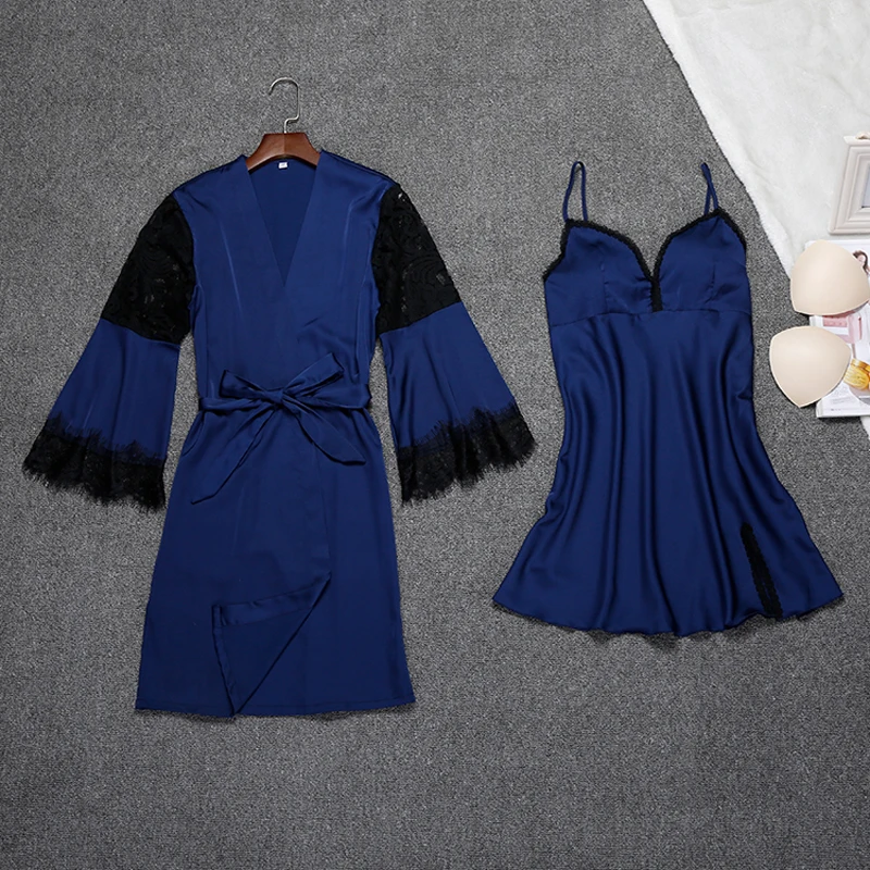 Women Sexy Silk Satin Robe Gown Set Lace Bathrobe and Nightdress 2 Pieces Fashion Sleepwear Set Summer Home Clothing
Women Sexy Silk Satin Robe Gown Set Lace Bathrobe and Nightdress 2 Pieces Fashion Sleepwear Set Summer Home Clothing