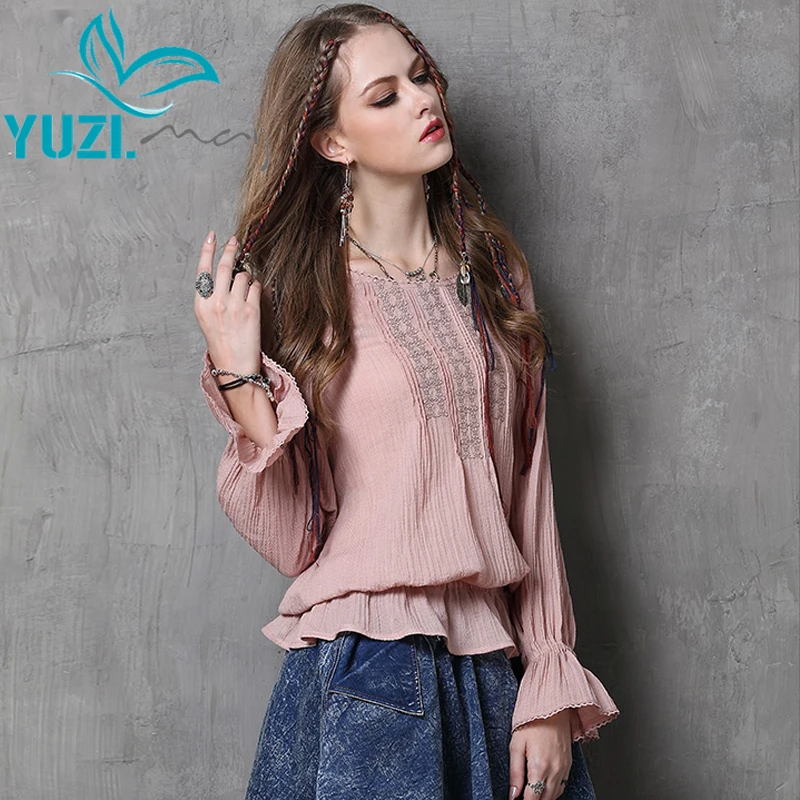 

Blusa Feminina 2017 Yuzi Autumn New Vintage Cotton Blouse O-Neck Embroidery Butterfly Sleeve Loose Women Blouses B9536 2 Colors