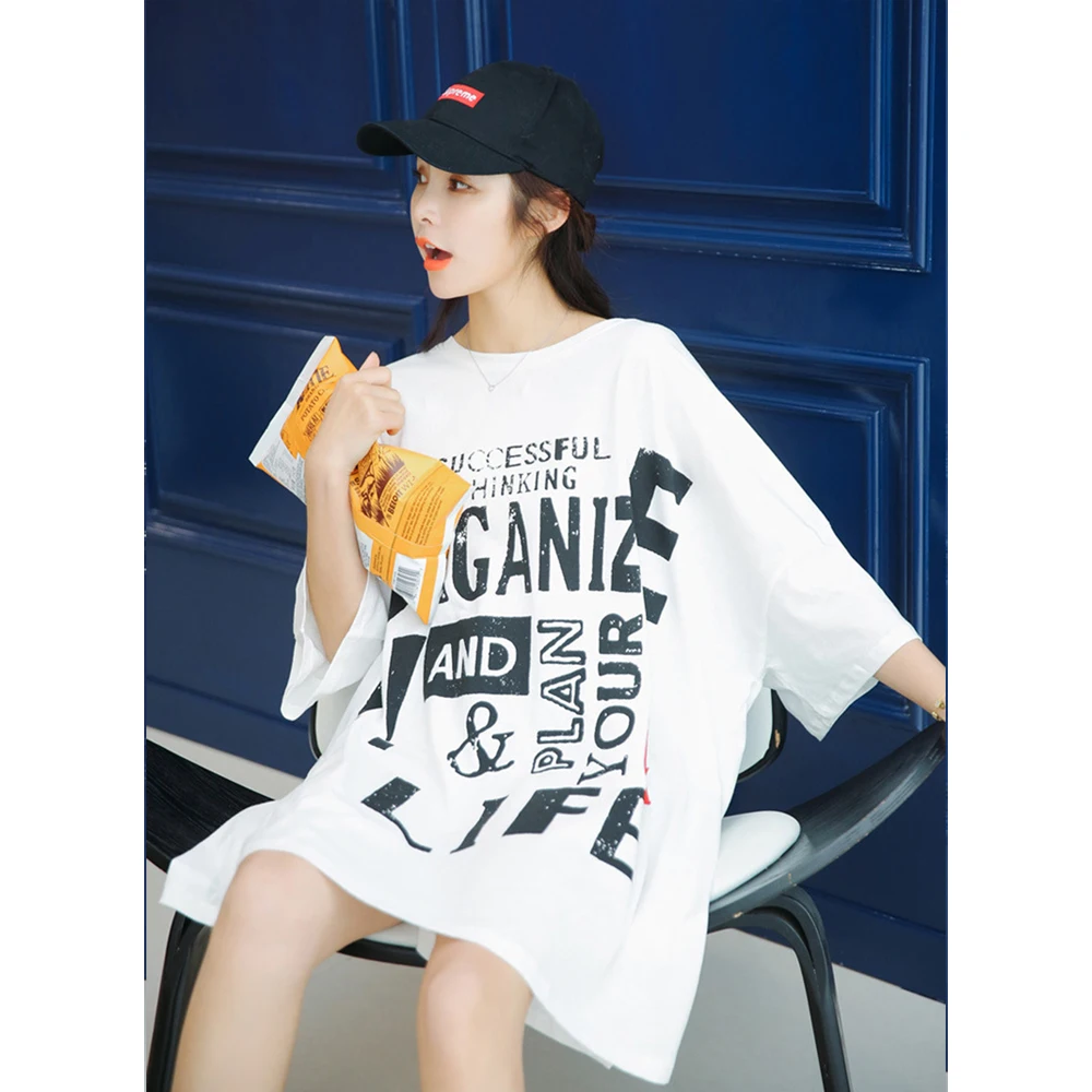 Spring and summer new style Stylish personality letter casual T-shirt dress Korean version of the loose large size t-shirt tops
Spring and summer new style Stylish personality letter casual T-shirt dress Korean version of the loose large size t-shirt tops