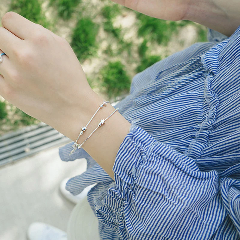 Double Layers Stars Bracelet Bangle For Women Copper Extended Link Chain White Gold Color Summer Jewelry Gift | Украшения и