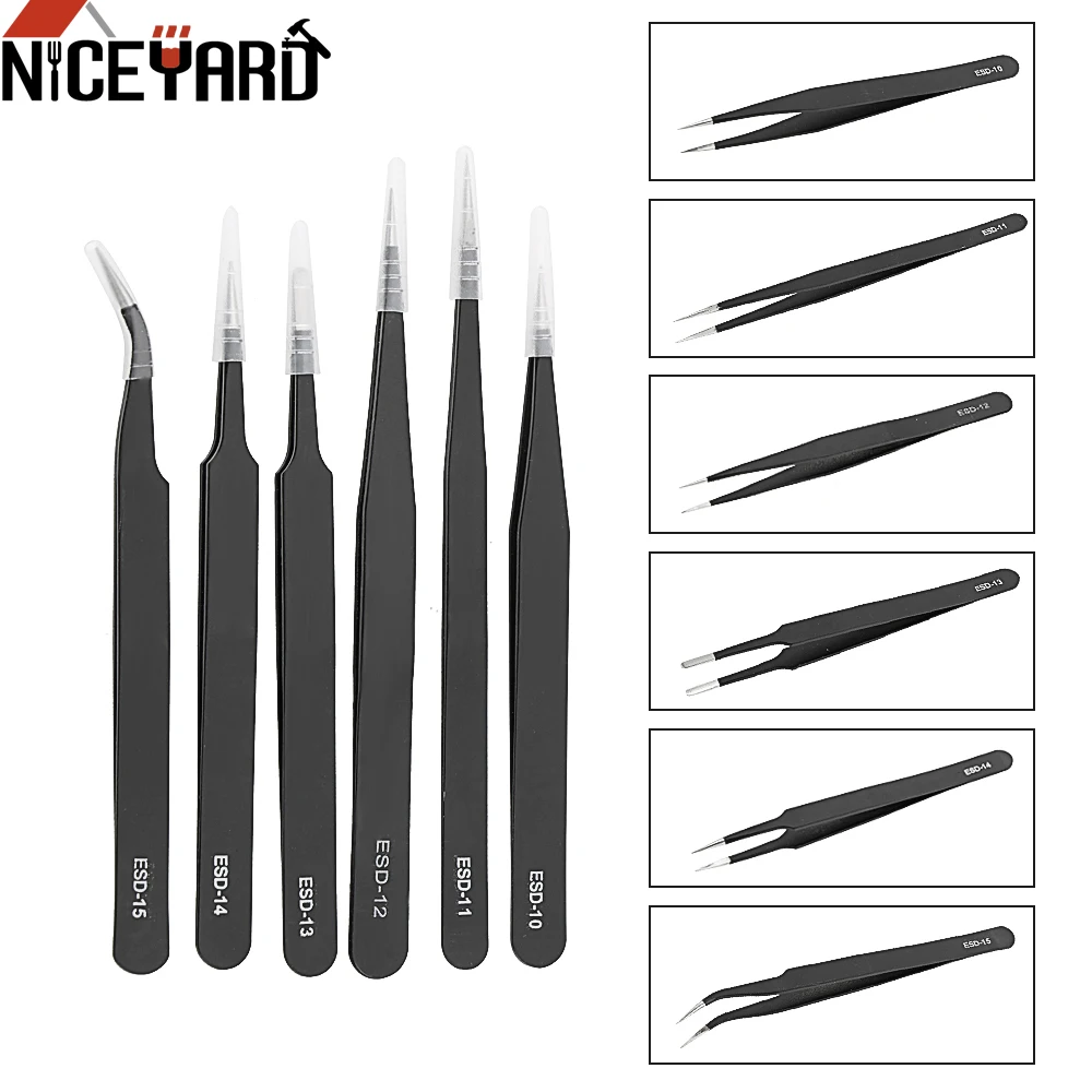 

NICEYARD Anti Static Tweezers Set 6Pcs/Set Precision Industrial Repair Tweezers for Watch Jewelry Mobile Phone Electronics