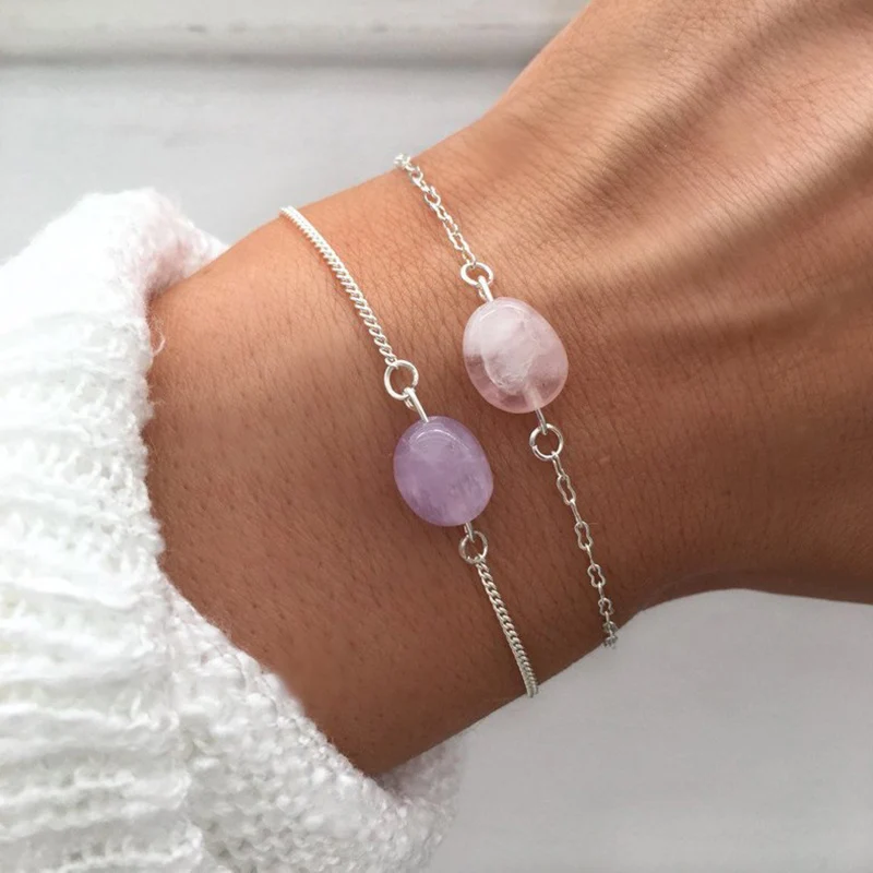 Charm Bracelet with Natural Stone Beads Pink Purple Amethysts Beaded for Women Jewelry Best Friend Gift Boho | Украшения и