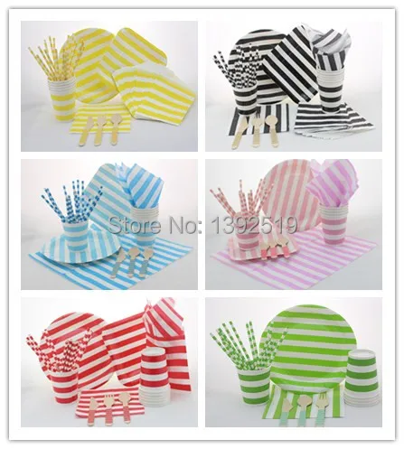 Party Tableware Set 6 Colors Striped Party Paper Plates Cups bags Paper Party Straws Wooden knife Spoons Forks
Party Tableware Set 6 Colors Striped Party Paper Plates Cups bags Paper Party Straws Wooden knife Spoons Forks