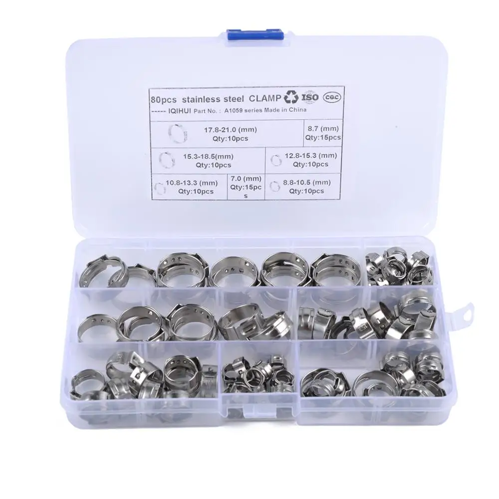 80Pcs 5.8-21.0mm Stainless Steel Single Ear Hose Clamp Crimp Hose Clamp Assortment Kit Ear Stepless Cinch Rings Crimp Pinch Fit
80Pcs 5.8-21.0mm Stainless Steel Single Ear Hose Clamp Crimp Hose Clamp Assortment Kit Ear Stepless Cinch Rings Crimp Pinch Fit