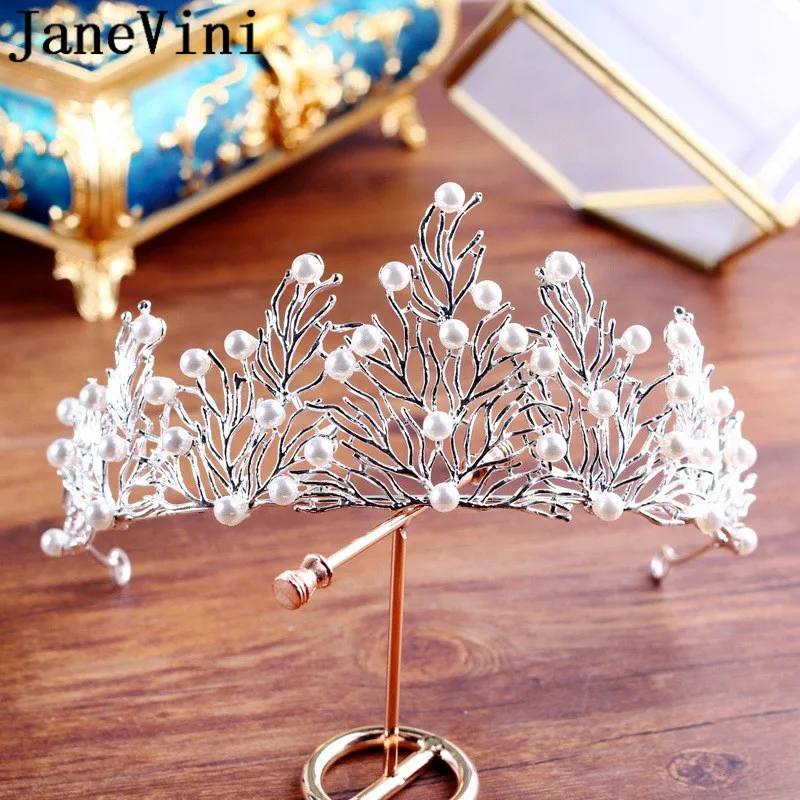 

JaneVini Spinki Pearl Hair Wedding Tiaras and Crowns Fashion Jewelry Silver Bridal Metal Headband Headpiece haarschmuck hochzeit