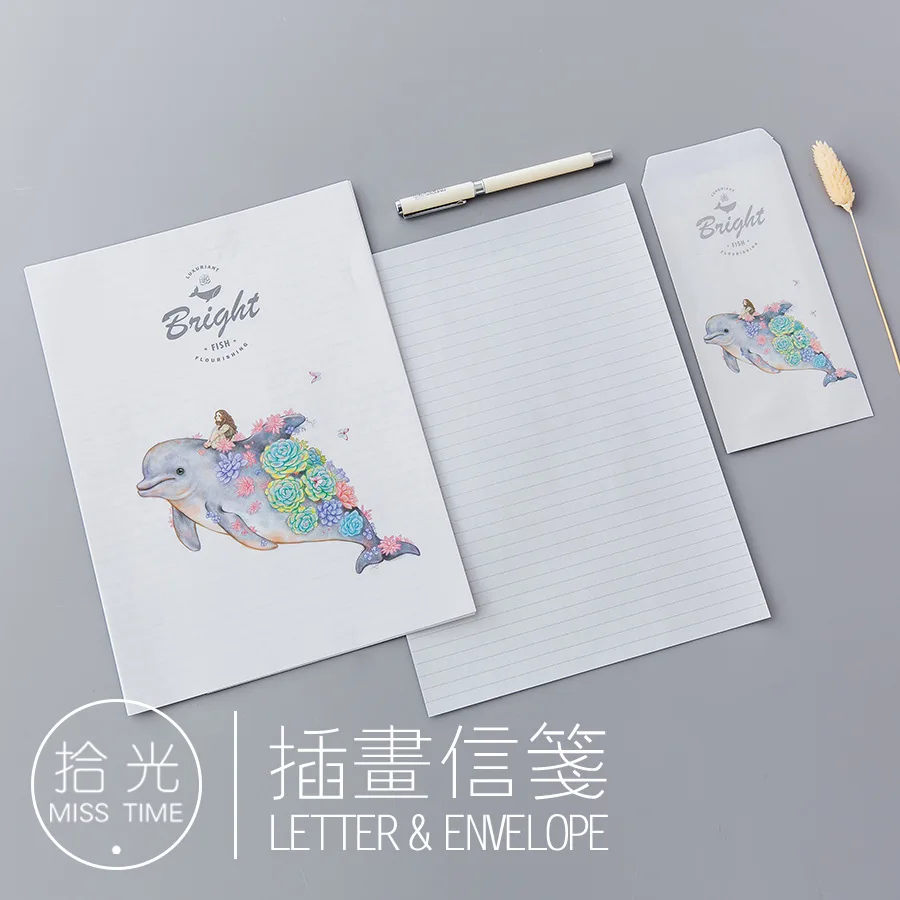 9pcs/Set 3 envelopes + 6 writting paper Cute Dolphin Series Envelope For Gift Korean Stationery | Канцтовары для офиса и дома