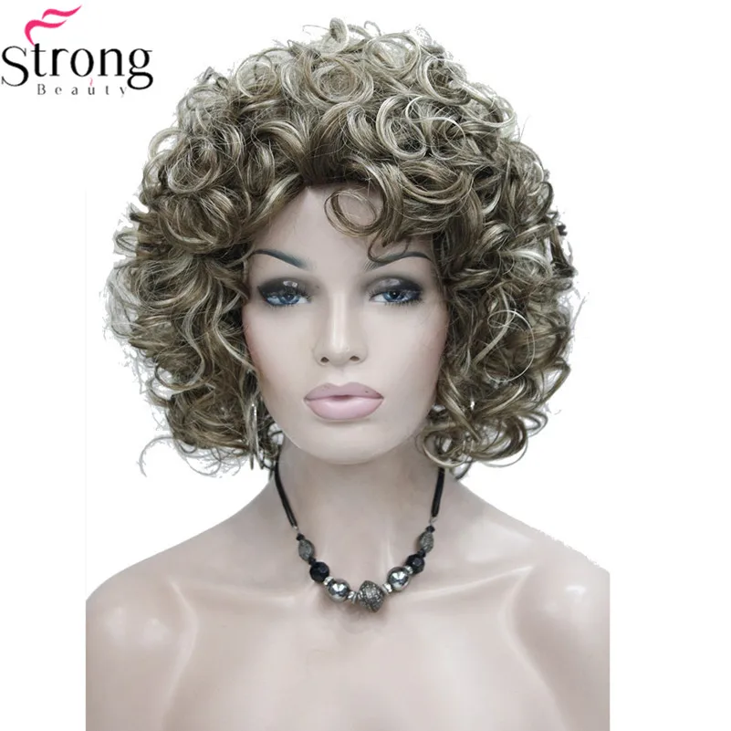 StrongBeauty короткие вьющиеся волосы парик без косточек коричневые с блондинками