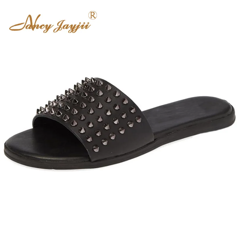 

Black Rivets Beach Outside Slippers Flat Sandals Woman Large Size 33 35 For Ladies Summer Dress Slides Shoes Holidays Fashion