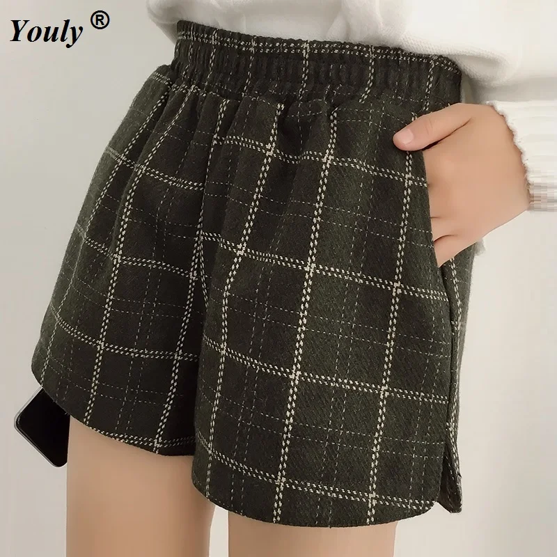 Winter woolen shorts Boots Plus Size Women Large Thicken Plaid Casual Elastic Waist bootcut Lattice Loose Wide Leg | Женская одежда