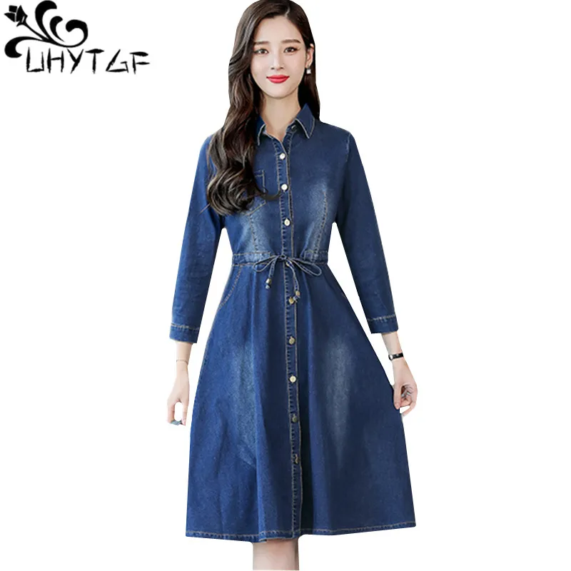 UHYTGF Casual autumn denim dresses Mid-length Single-breasted Slim Womens dress Solid color temperament elegant beach dress 1457
UHYTGF Casual autumn denim dresses Mid-length Single-breasted Slim Womens dress Solid color temperament elegant beach dress 1457