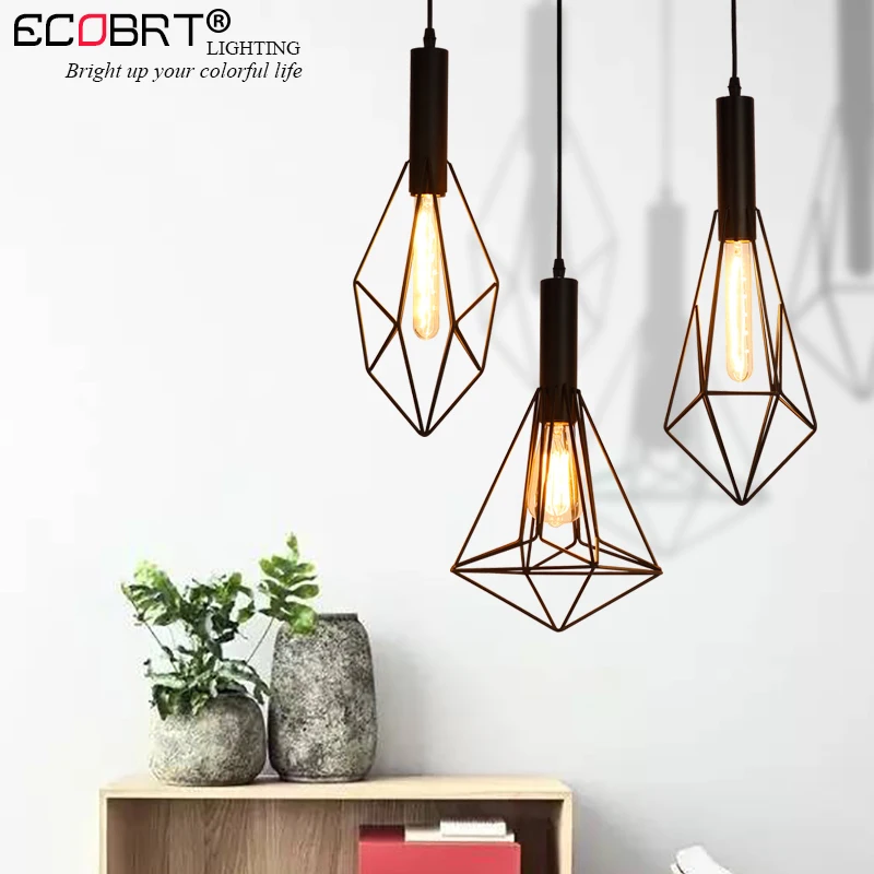 ECOBRT Retro Black indoor LED pendant light Vintage iron cage lampshade warehouse Style lighting fixtures/E27 Bulb 100-240V AC | Лампы и