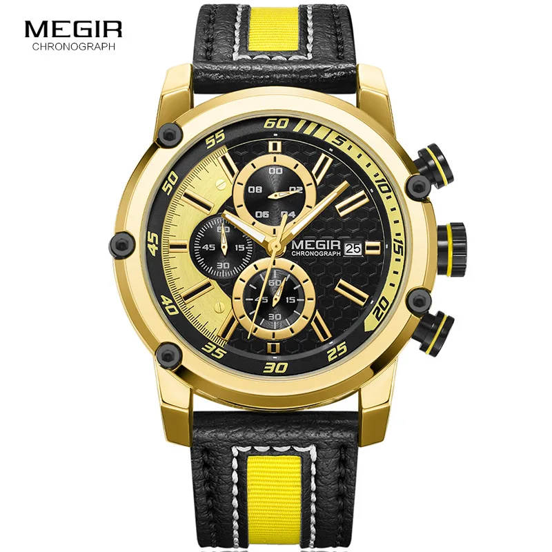 

Leather Strap Sports Quartz Wrist Watches for Men Army Chronograph Clock Stop Watch Man Relogios Masculino Yellow 2079GDBK