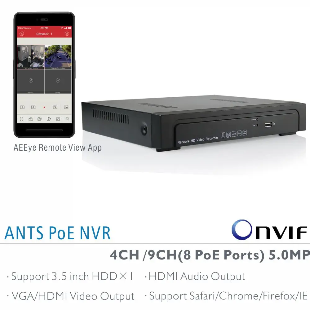 Муравьи Desktop 4CH 9CH 5MP/4MP/3 м/2MP Onvif NVR Поддержка 4 Порты 8 IEEE802.3af PoE IP камеры Goolink AEEYE