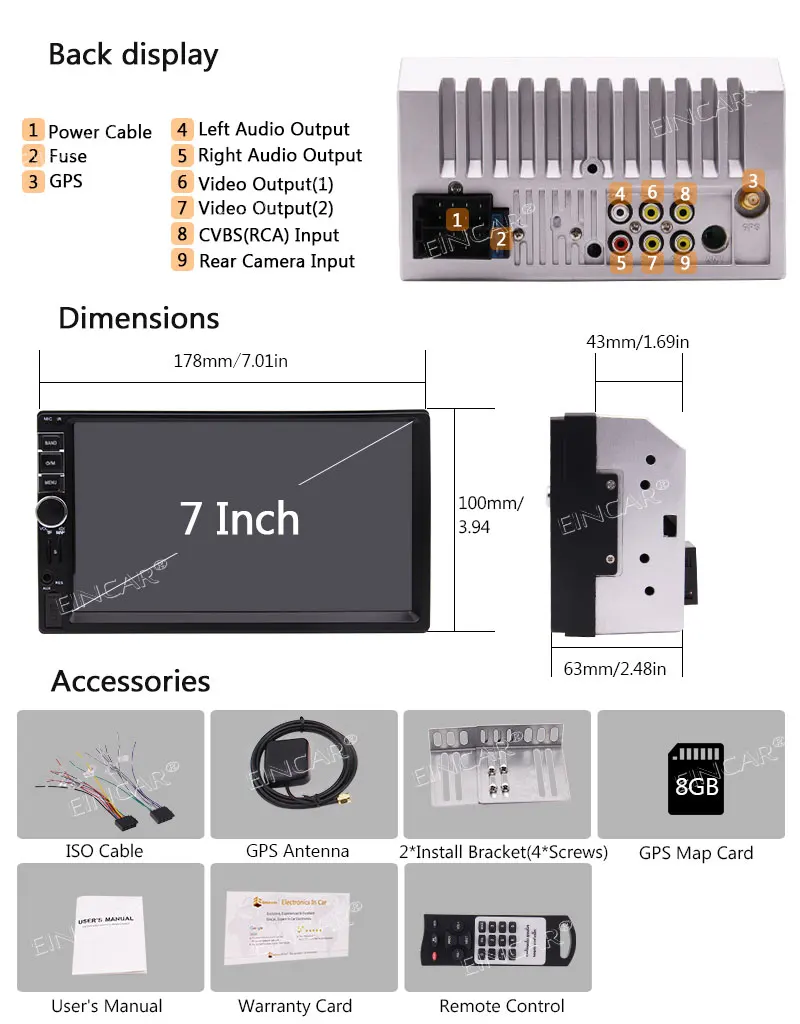 Car Radio Receiver Support Bluetooth/FM Radio/TF/USB/AUX Input EinCar 7 inch Double 2Din Touchscreen in dash Car Stereo GPS Navi
Car Radio Receiver Support Bluetooth/FM Radio/TF/USB/AUX Input EinCar 7 inch Double 2Din Touchscreen in dash Car Stereo GPS Navi