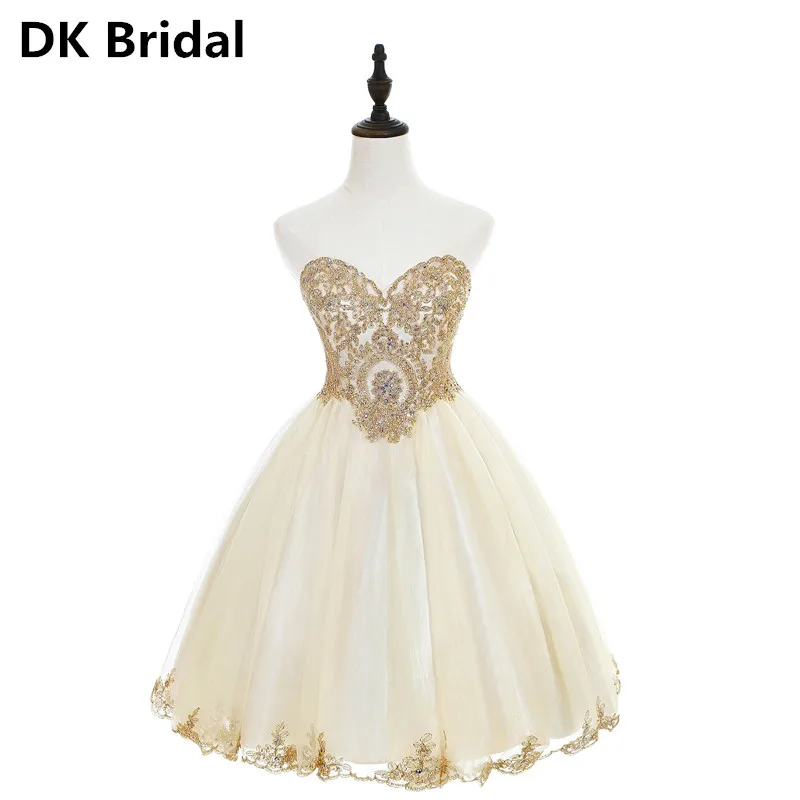 Elegant 2019 Champagne Tulle Beading Appliques Short Prom Dresses Sweetheart Neck Sleeveless Gown Vestidos De Gala In Stock
Elegant 2019 Champagne Tulle Beading Appliques Short Prom Dresses Sweetheart Neck Sleeveless Gown Vestidos De Gala In Stock
