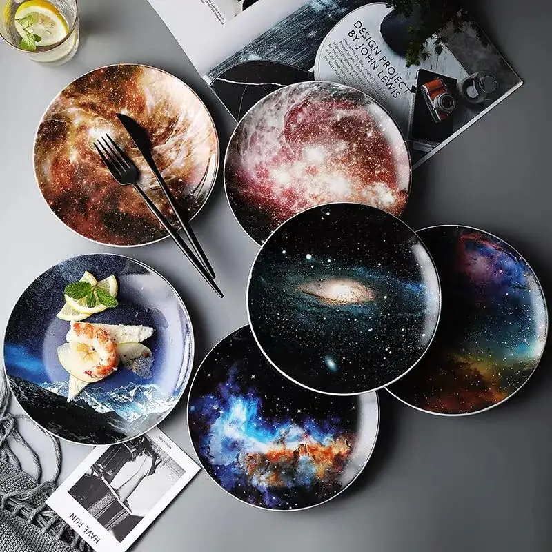 8 inch Starry Universe Landscape Plate Set High Quality Ceramic Dishes Dessert Steak Bread Dinner Plates Sets Dish Kitchen Decor|Блюдца и