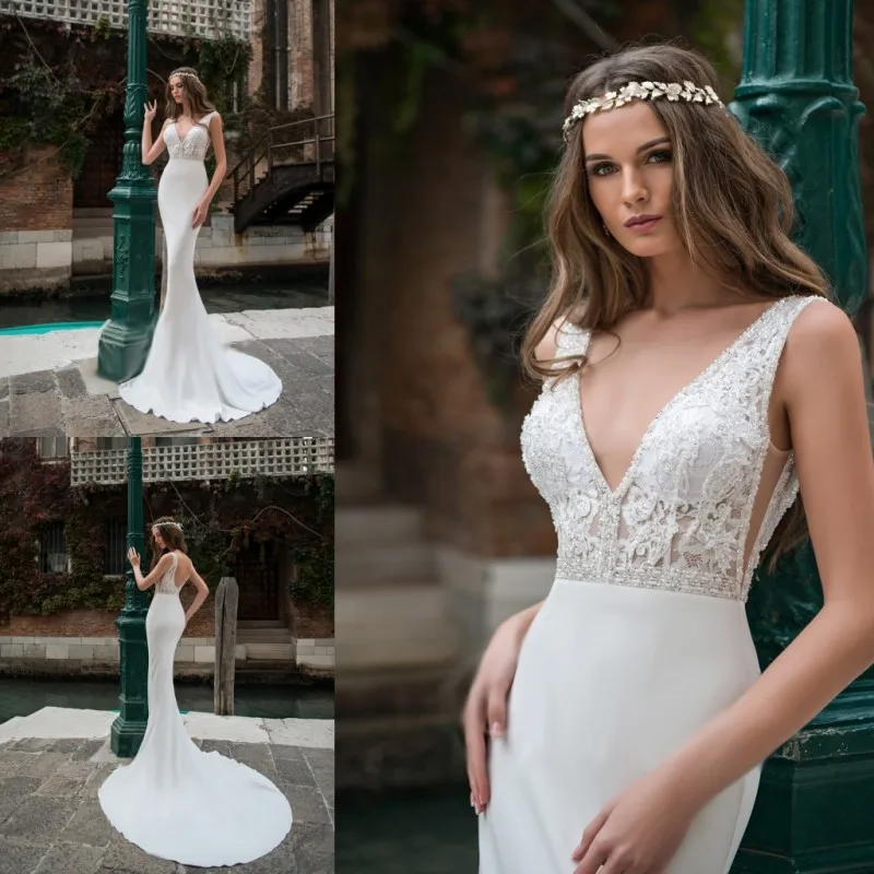 Custom Made Mermaid Wedding Dress Sleeveless V Neck Lace Applique Beading Bridal Gowns Backless Sweep Train Vestido De Novia
Custom Made Mermaid Wedding Dress Sleeveless V Neck Lace Applique Beading Bridal Gowns Backless Sweep Train Vestido De Novia