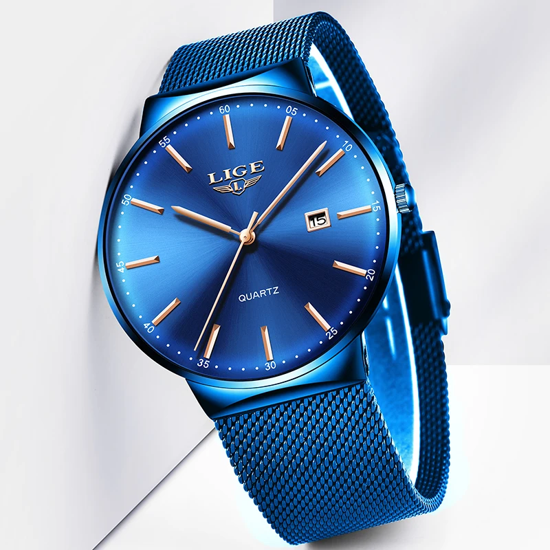 Мужские наручные часы LIGE синие Кварцевые водонепроницаемые спортивные для