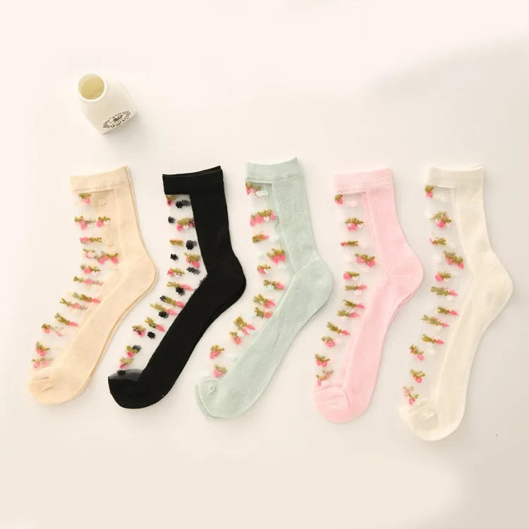 Japanese Summer Women Transparent Socks Harajuku Stretch Strawberry Crystal Sock Japan Glass Silk Art Calcetines Mujer | Женская