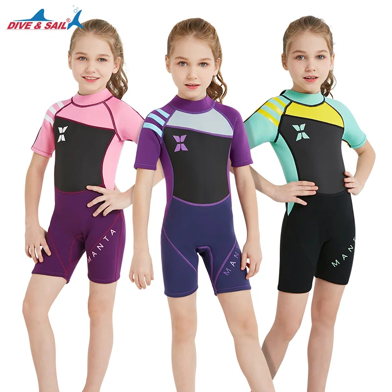 Kids 2.5MM Girls Neoprene Swimsuit Baby Wetsuits Snorkeling Surfing Rash Guards Children's Swimwear Short Sleeve Diving Suits | Спорт и