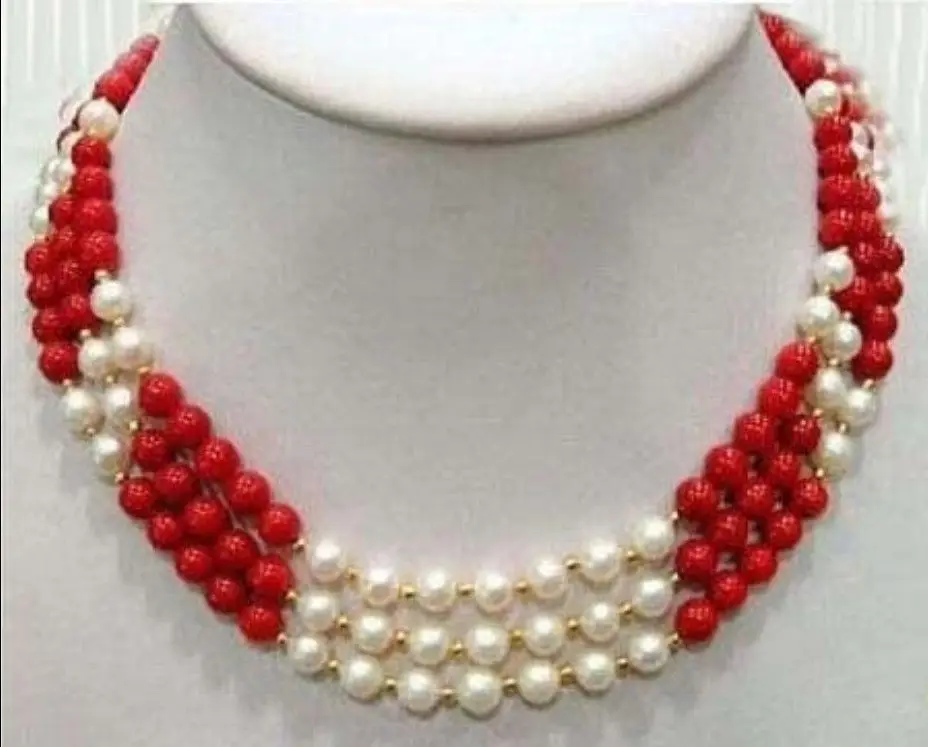 

FREE shipping 3 Rows Real White Pearl Red Coral 18KGP Clasp Necklace 17:-19"