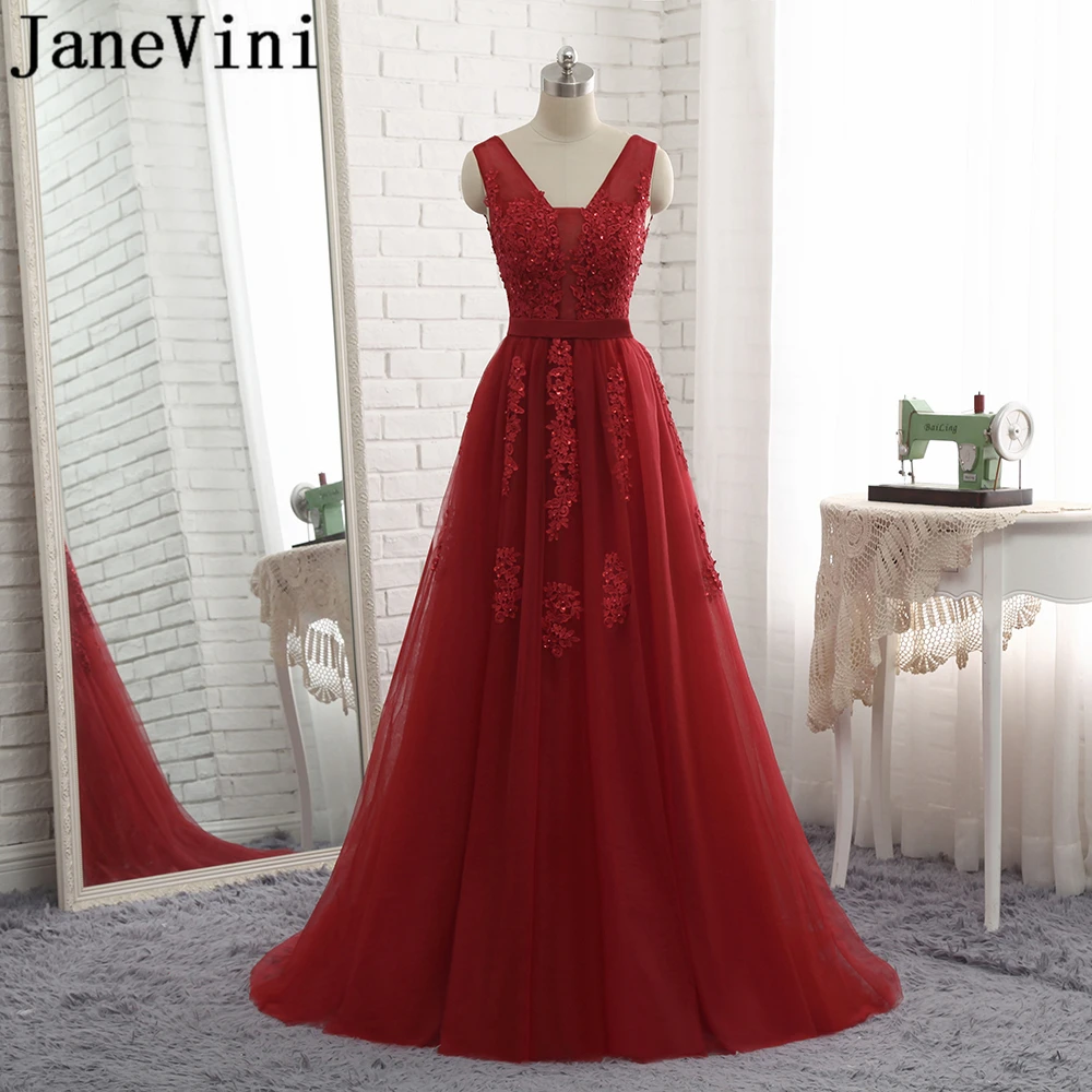 JaneVini Elegant Burgundy Bridesmaid Dresses 2018 A Line Tulle V Neck Lace Appliques Pearls Floor Length Women Formal Prom Gowns
JaneVini Elegant Burgundy Bridesmaid Dresses 2018 A Line Tulle V Neck Lace Appliques Pearls Floor Length Women Formal Prom Gowns