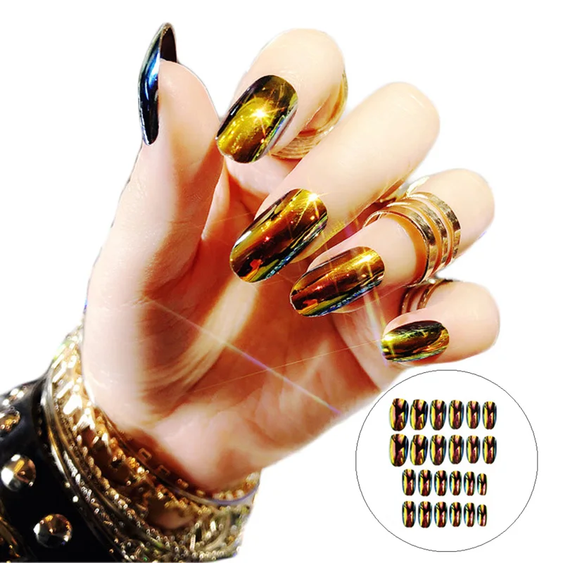 24pc Magic Light Changed False Nails Middle Long Round Head Mirror Reflective Bling Artificial Fake Nail with Glue Nail Art Tips
24pc Magic Light Changed False Nails Middle Long Round Head Mirror Reflective Bling Artificial Fake Nail with Glue Nail Art Tips
