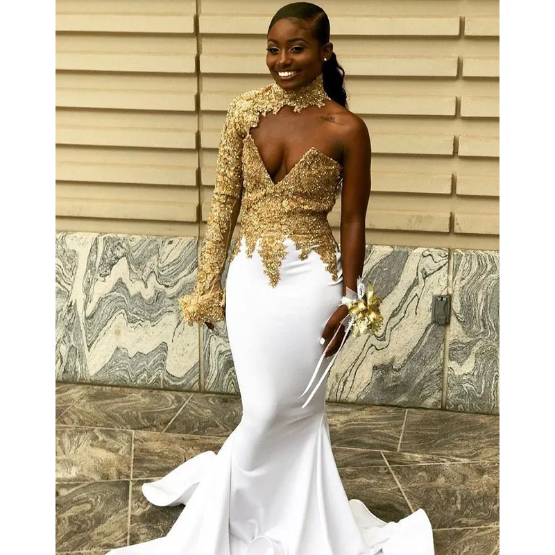 Gold White One Shoulder Mermaid Prom Dresses 2019 New Lace Applique Beading Sweep Strain Formal Evening Dress Party Gowns
Gold White One Shoulder Mermaid Prom Dresses 2019 New Lace Applique Beading Sweep Strain Formal Evening Dress Party Gowns