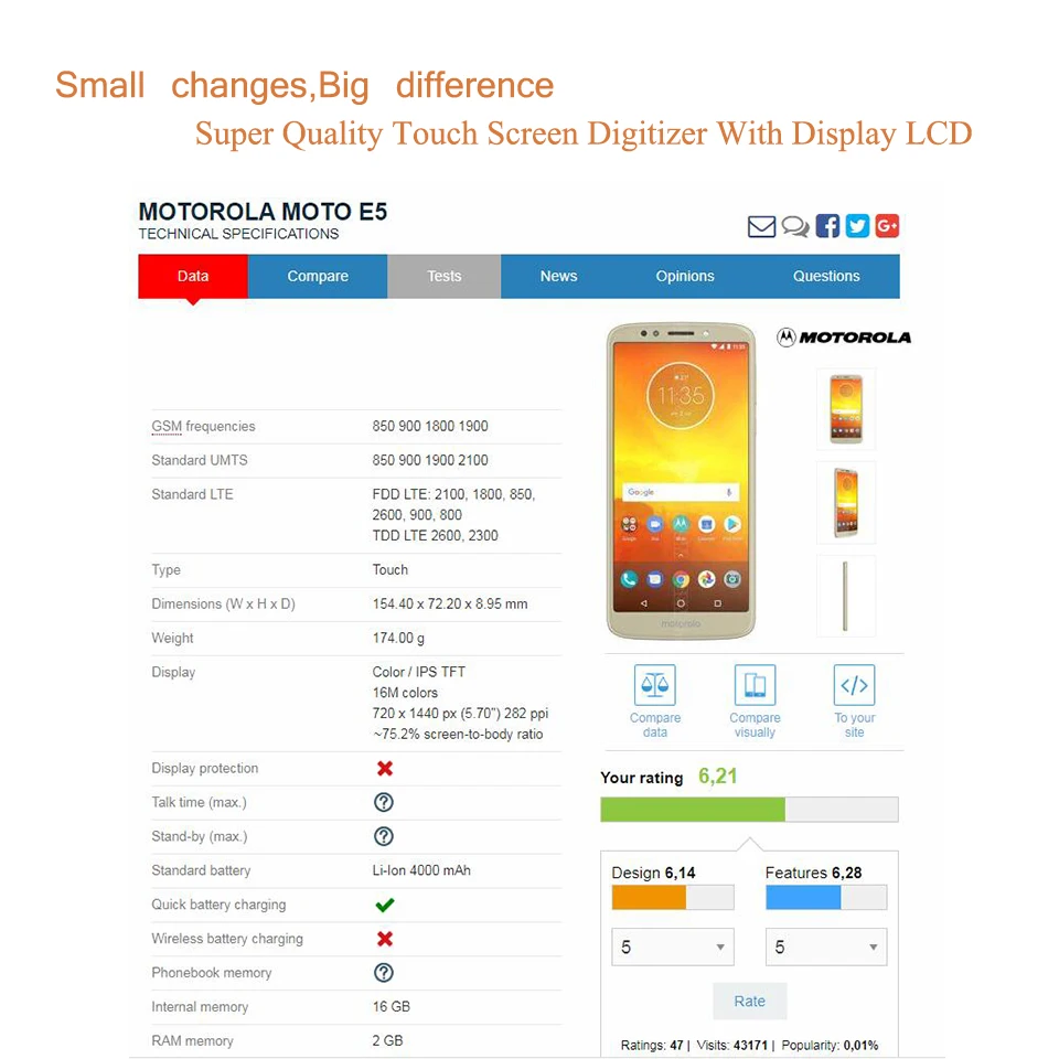 ORIGINAL For Motorola Moto E5 XT1944 LCD Display Touch Screen Digitizer Sensor Complete LCD Assembly Monitor Module Replacement
ORIGINAL For Motorola Moto E5 XT1944 LCD Display Touch Screen Digitizer Sensor Complete LCD Assembly Monitor Module Replacement