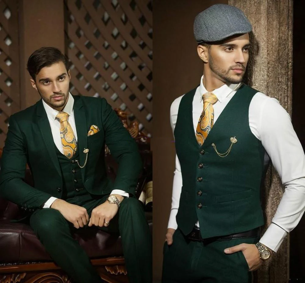 

Dark hunter emerald Green Groom Tuxedos Notch Lapel Men Blazer Prom Suit Business Suit (Jacket+Pants+Vest+Tie+Kerchief)