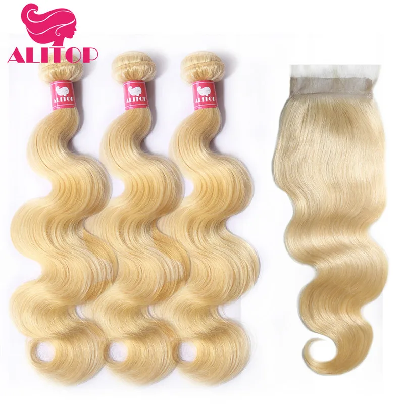 ALOTOP Blonde 613 пучки с закрытием бразильские волнистые волосы фронтальной Remy perruque chevex