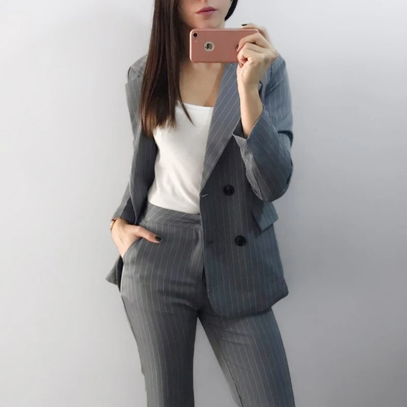 Женский брючный костюм для офиса двубортный пиджак в полоску и брюки комплект из