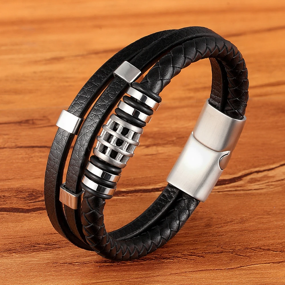 

TYO Classic Punk Men's Braided Layered Black/Brown Leather Bracelet with Top Quality Stainless Steel Matte Magnetic Clasp