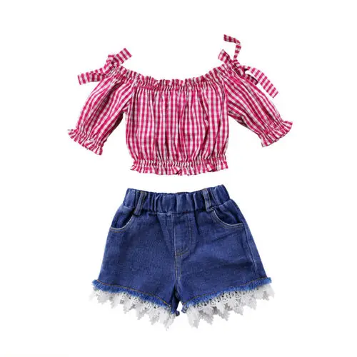 2018 Brand Summer Toddler Kids Girls Plaid Off Shoulder Tops Lace Denim Shorts Outfits Set Size 2-6T
2018 Brand Summer Toddler Kids Girls Plaid Off Shoulder Tops Lace Denim Shorts Outfits Set Size 2-6T