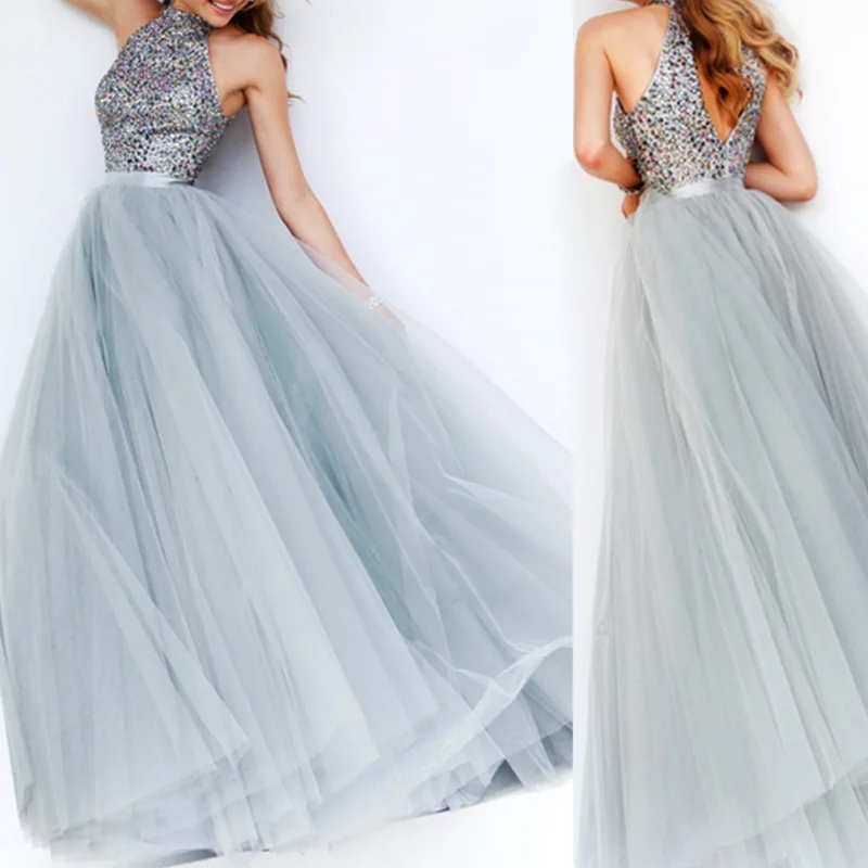 charming cheap sexy beaded red A line high halter neckline tulle thin straps formal evening dress gown with back | Свадьбы и