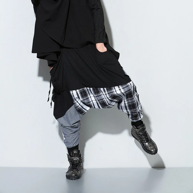 Hip Hop Loose Stretch Men Pants Full Length Spliced Plaid Harem Fashion Street Casual Drawstring Waist Male Trousers Tide | Мужская