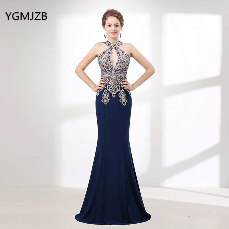 Elegant Mermaid Evening Dress Long 2018 Halter Sleeveless Beaded Gold Embroidery Navy Blue Sexy Women Formal Prom Evening Gowns
Elegant Mermaid Evening Dress Long 2018 Halter Sleeveless Beaded Gold Embroidery Navy Blue Sexy Women Formal Prom Evening Gowns
