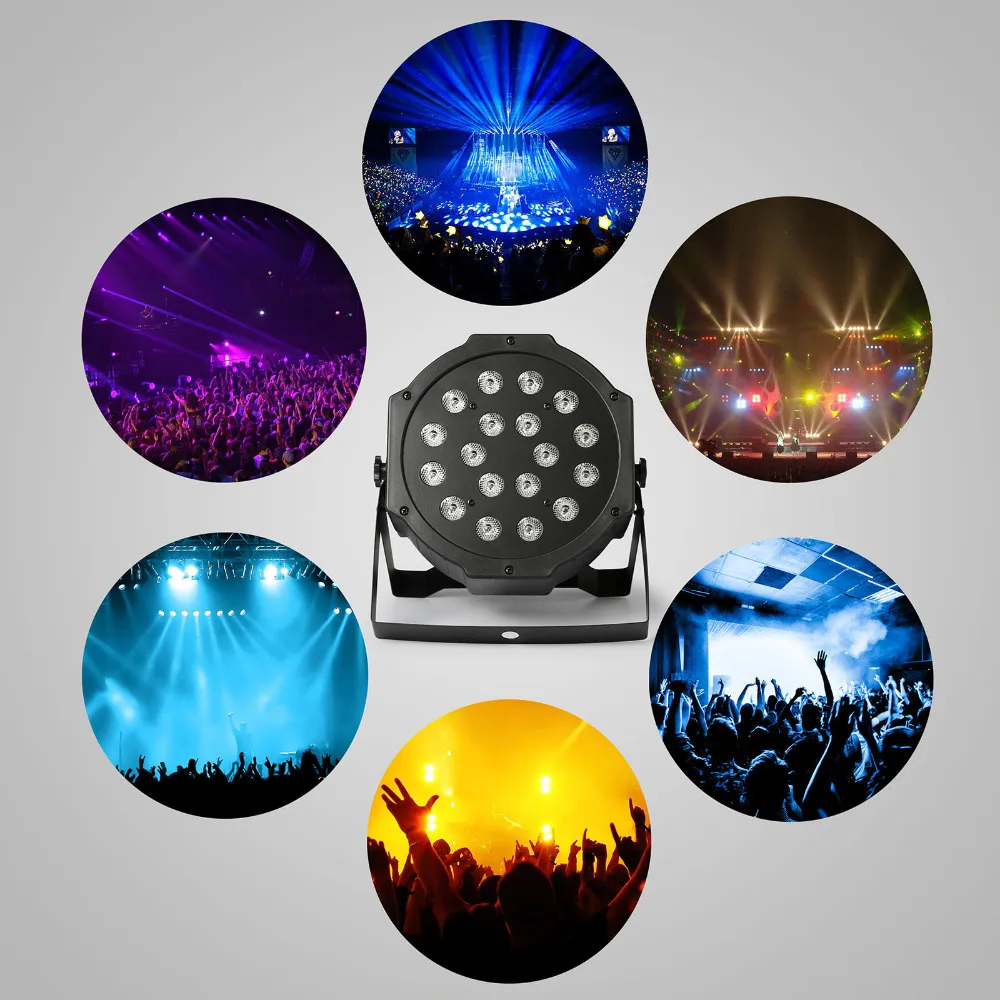 18X3W LED PAR64 54W Slim Par Can DMX Flat Par Light RGB Color (4 lights per set)
18X3W LED PAR64 54W Slim Par Can DMX Flat Par Light RGB Color (4 lights per set)