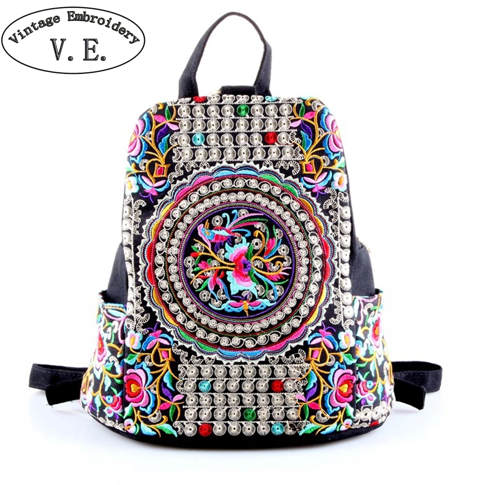Фото Винтажный женский этнический холщовый рюкзак с вышивкой Женская - купить