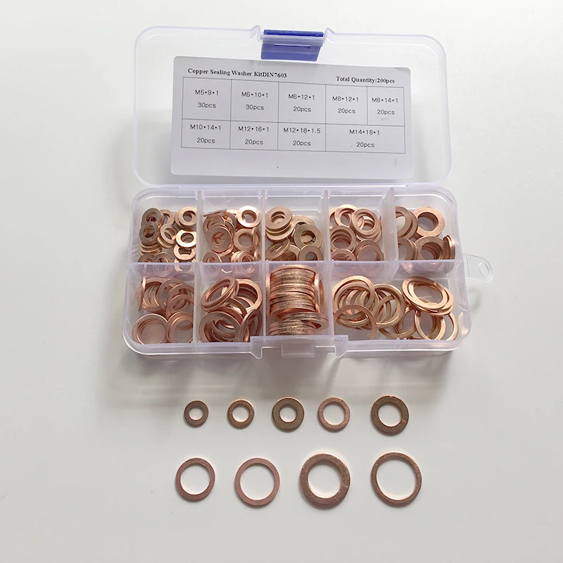 200pcs/Set Solid Copper Washers Flat Ring Sump Plug Oil Seal Assorted Set Professional Car Accessories Kit Copper Ring Gasket
200pcs/Set Solid Copper Washers Flat Ring Sump Plug Oil Seal Assorted Set Professional Car Accessories Kit Copper Ring Gasket